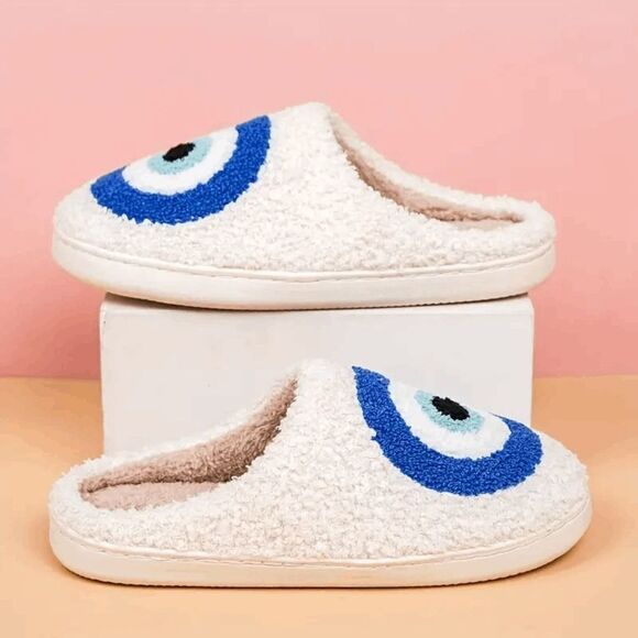 Blue and White Evil Eye Fuzzy Smiley Face Slippers Size 8/9 - Picture 2 of 5